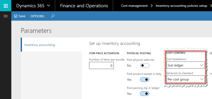 Inventory accounting policies setup